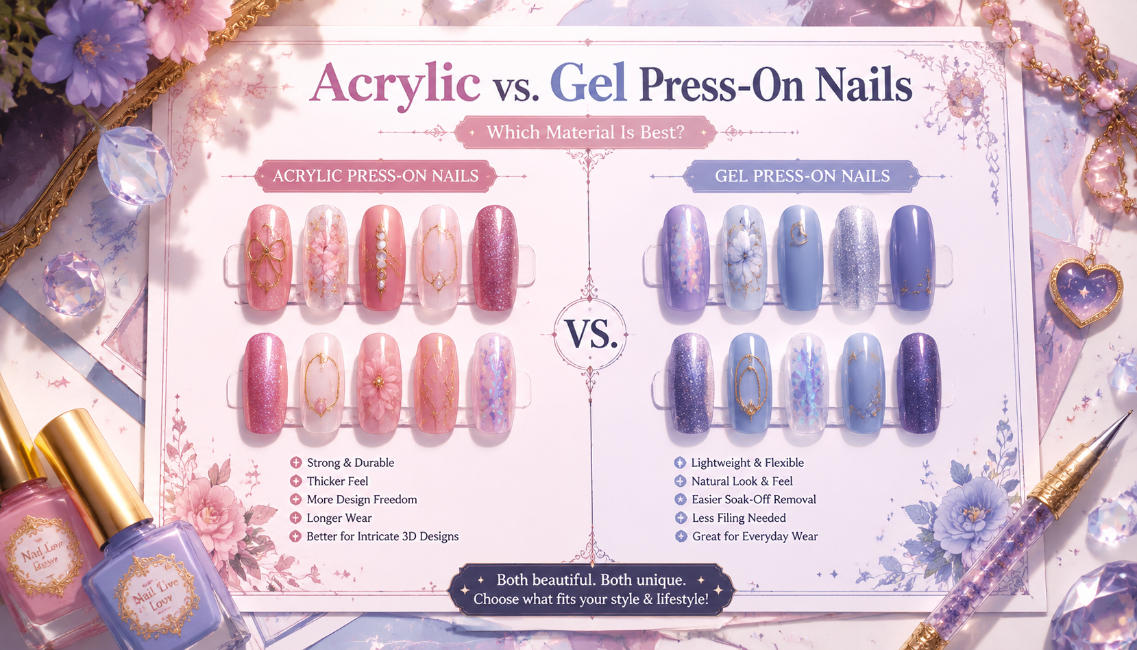 Handmade custom Acrylic vs. Gel Press-On Nails: Which Material Is Best? worn on hand styling showcase