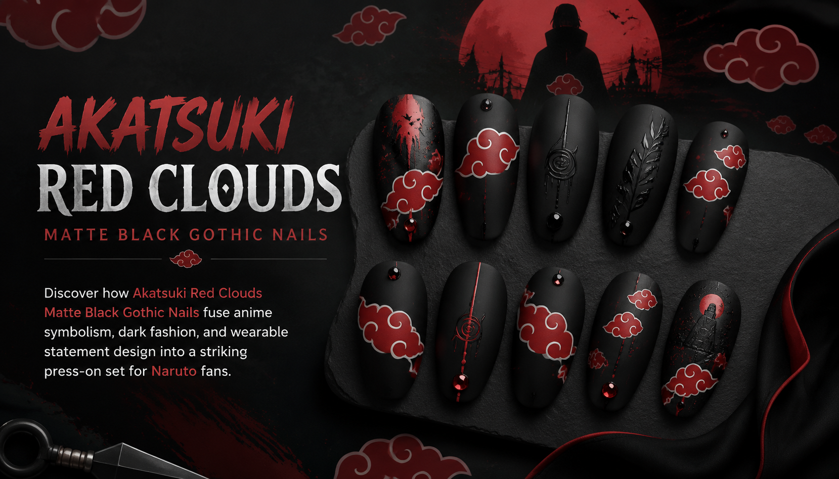 Akatsuki Red Clouds Matte Black Gothic Nails