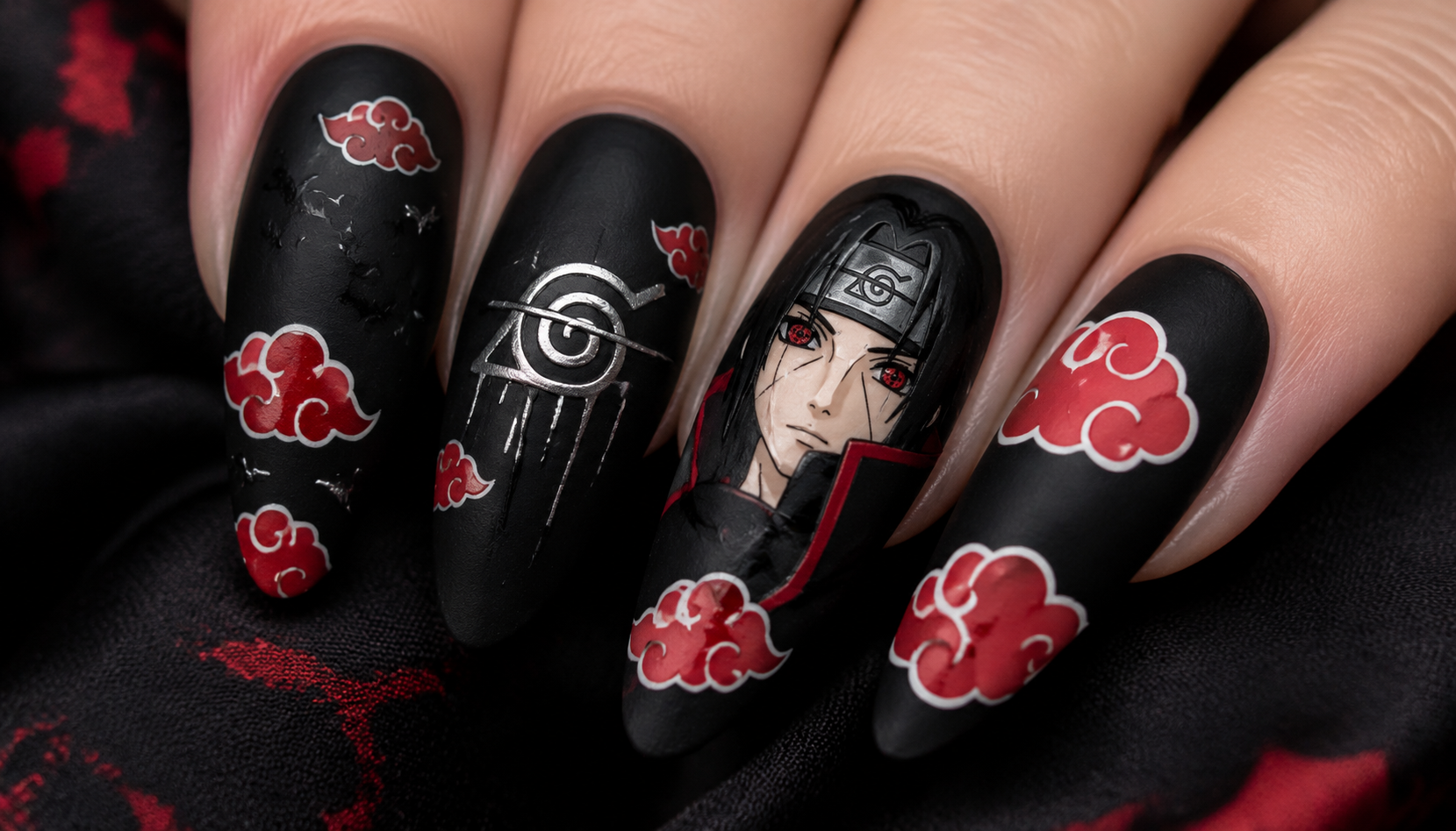 Detailed close-up of Akatsuki Red Clouds Matte Black Gothic Nails custom handmade nail design