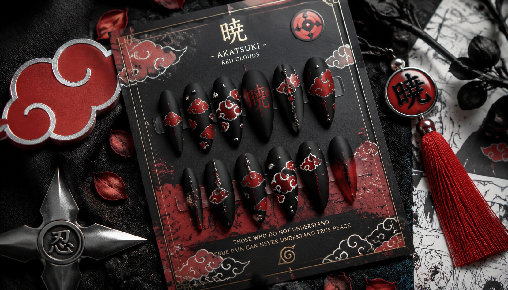Handmade custom Akatsuki Red Clouds Matte Black Gothic Nails worn on hand styling showcase