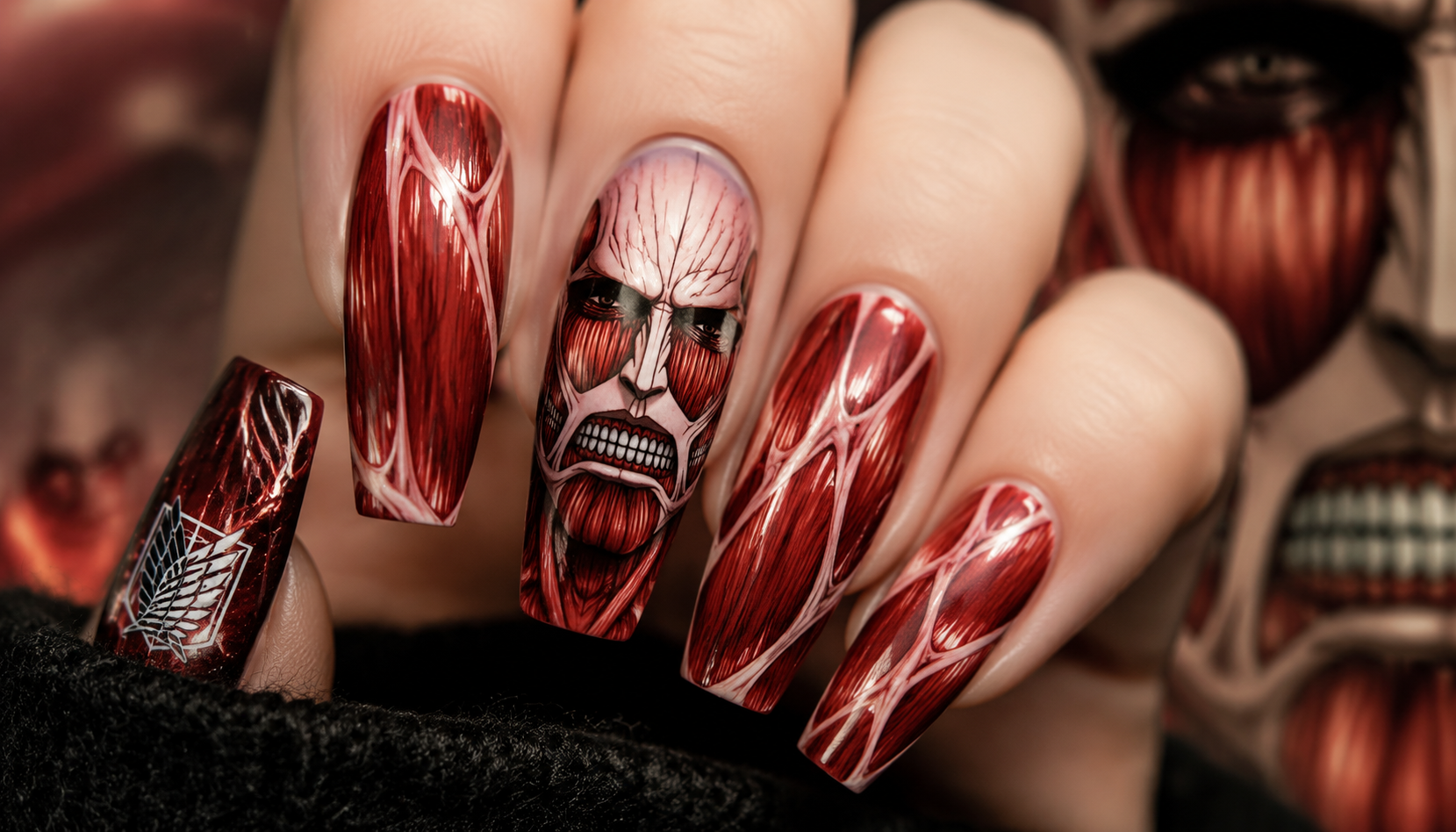 Detailed close-up of Attack on Titan Colossal Flesh Red Muscle Nails custom handmade nail design