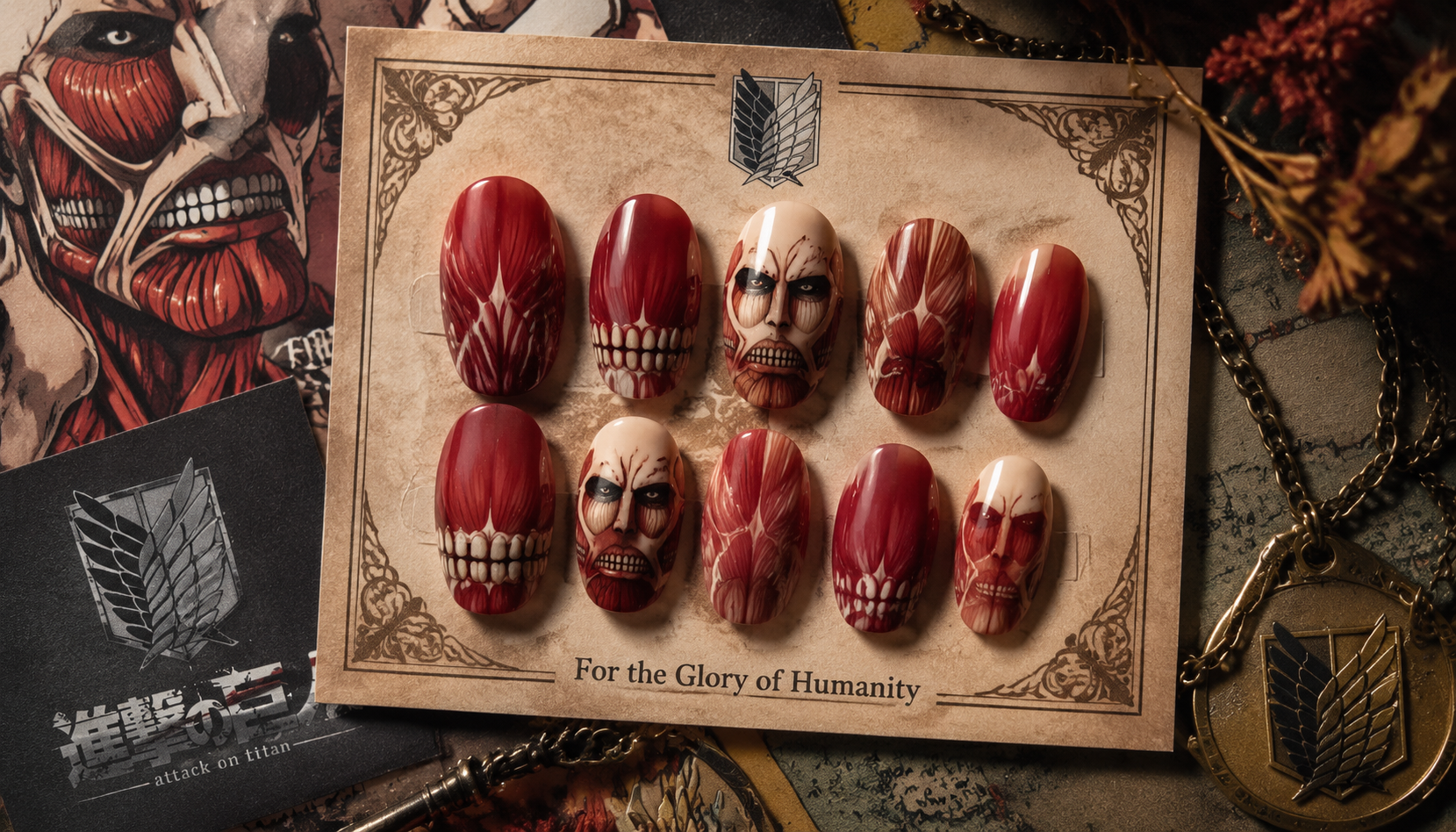 Handmade custom Attack on Titan Colossal Flesh Red Muscle Nails worn on hand styling showcase
