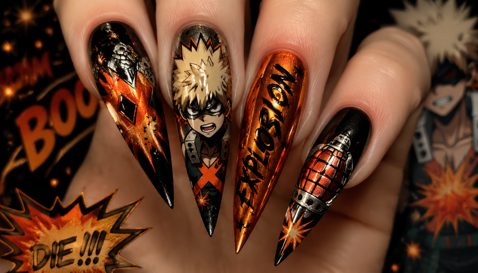 Detailed close-up of Bakugo Katsuki Explosion Metallic Orange Sharp Nails custom handmade nail design