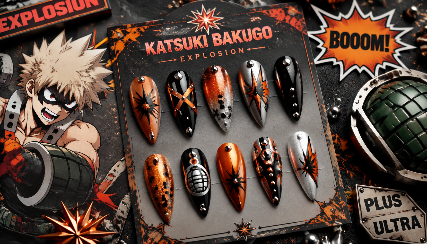 Handmade custom Bakugo Katsuki Explosion Metallic Orange Sharp Nails worn on hand styling showcase