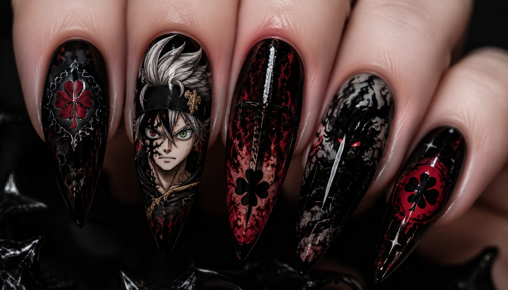 Detailed close-up of Black Clover Asta Demon Slayer Shadow Gothic Nails custom handmade nail design
