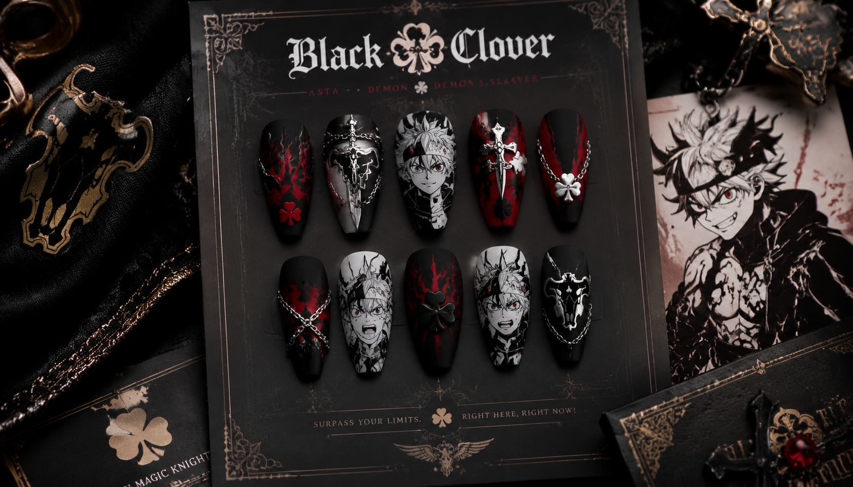 Handmade custom Black Clover Asta Demon Slayer Shadow Gothic Nails worn on hand styling showcase