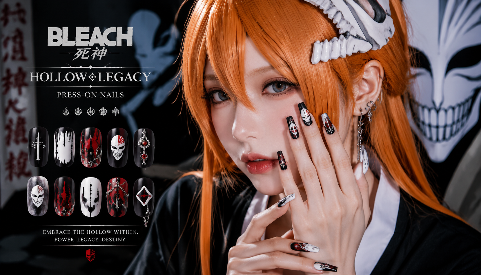 Handmade custom Unveiling Bleach: Hollow Legacy Press-On Nails worn on hand styling showcase