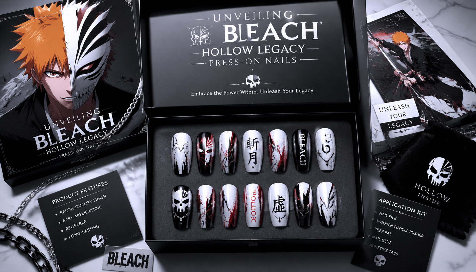 Luxury packaging box and prep kit for Unveiling Bleach: Hollow Legacy Press-On Nails press-on nails set