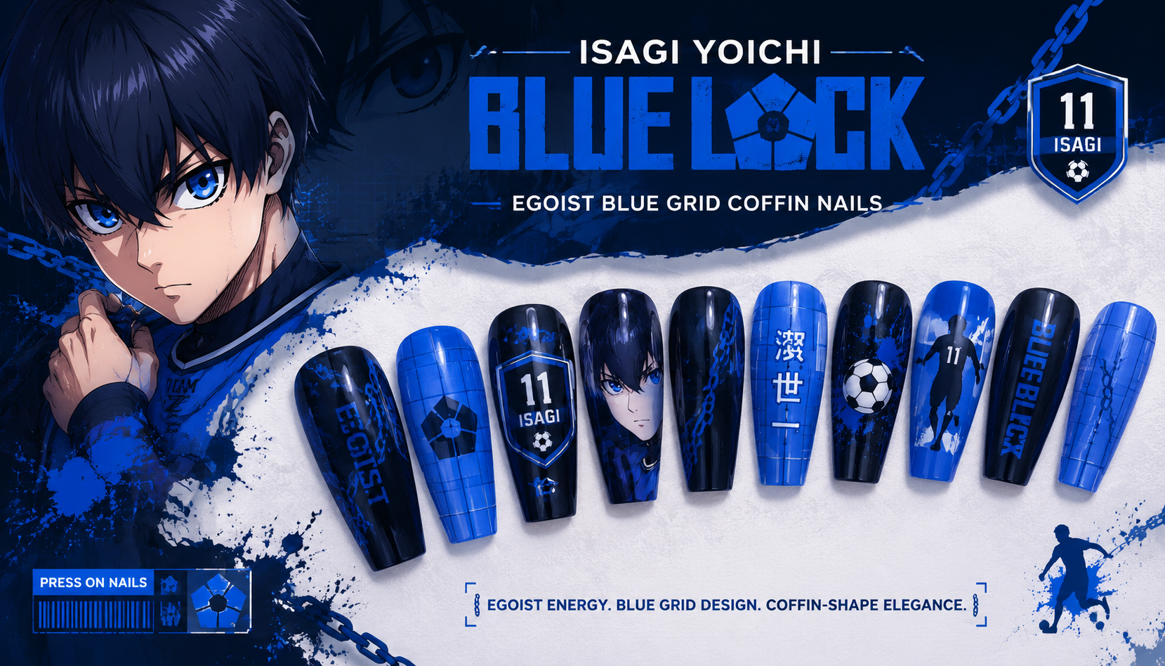 Blue Lock Isagi Yoichi Egoist Blue Grid Coffin Nails