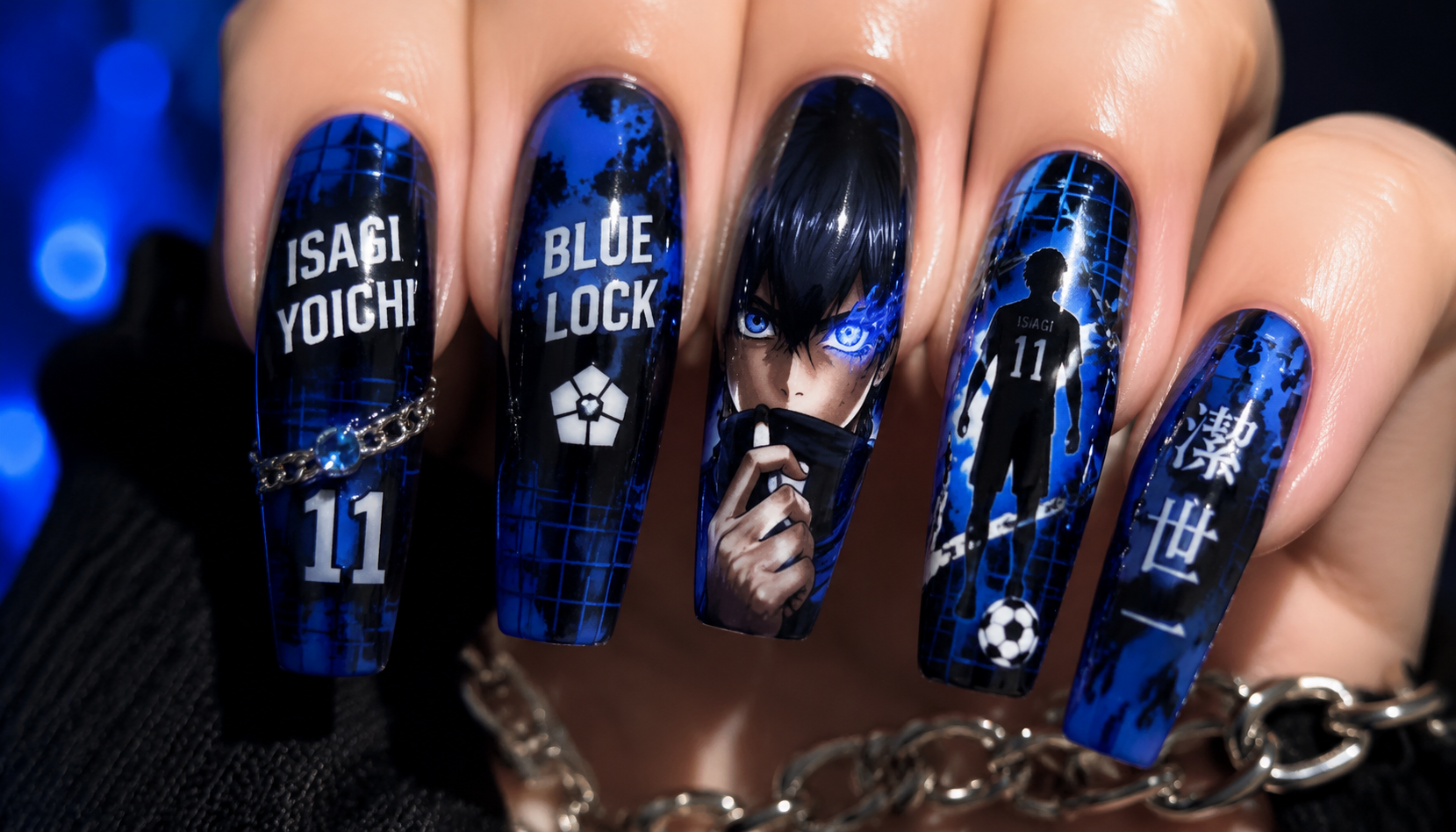 Detailed close-up showing the intricate hand-painted art of Blue Lock Isagi Yoichi Egoist Blue Grid Coffin Nails