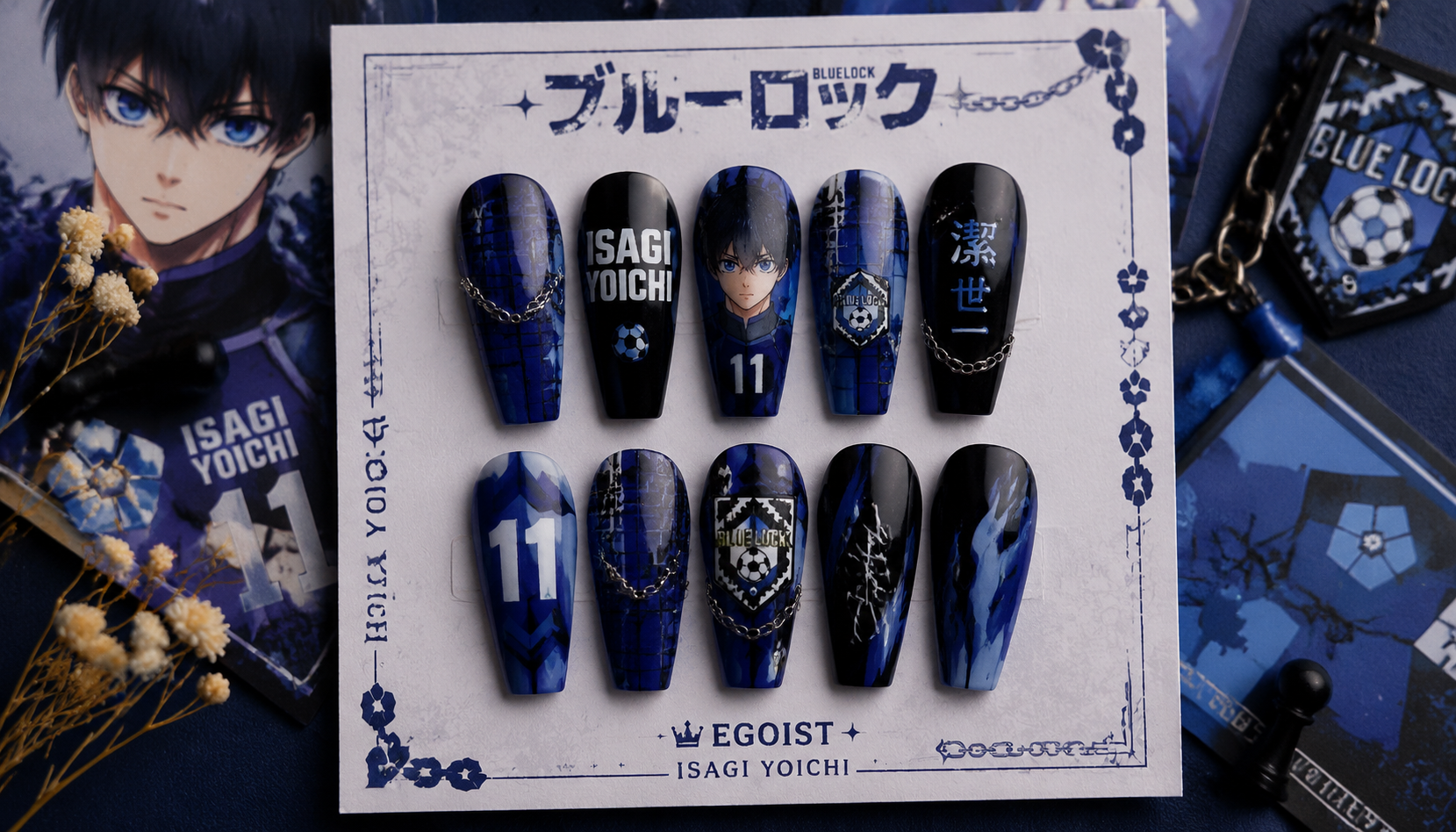 Styling look of Blue Lock Isagi Yoichi Egoist Blue Grid Coffin Nails on hands matching modern anime fashion