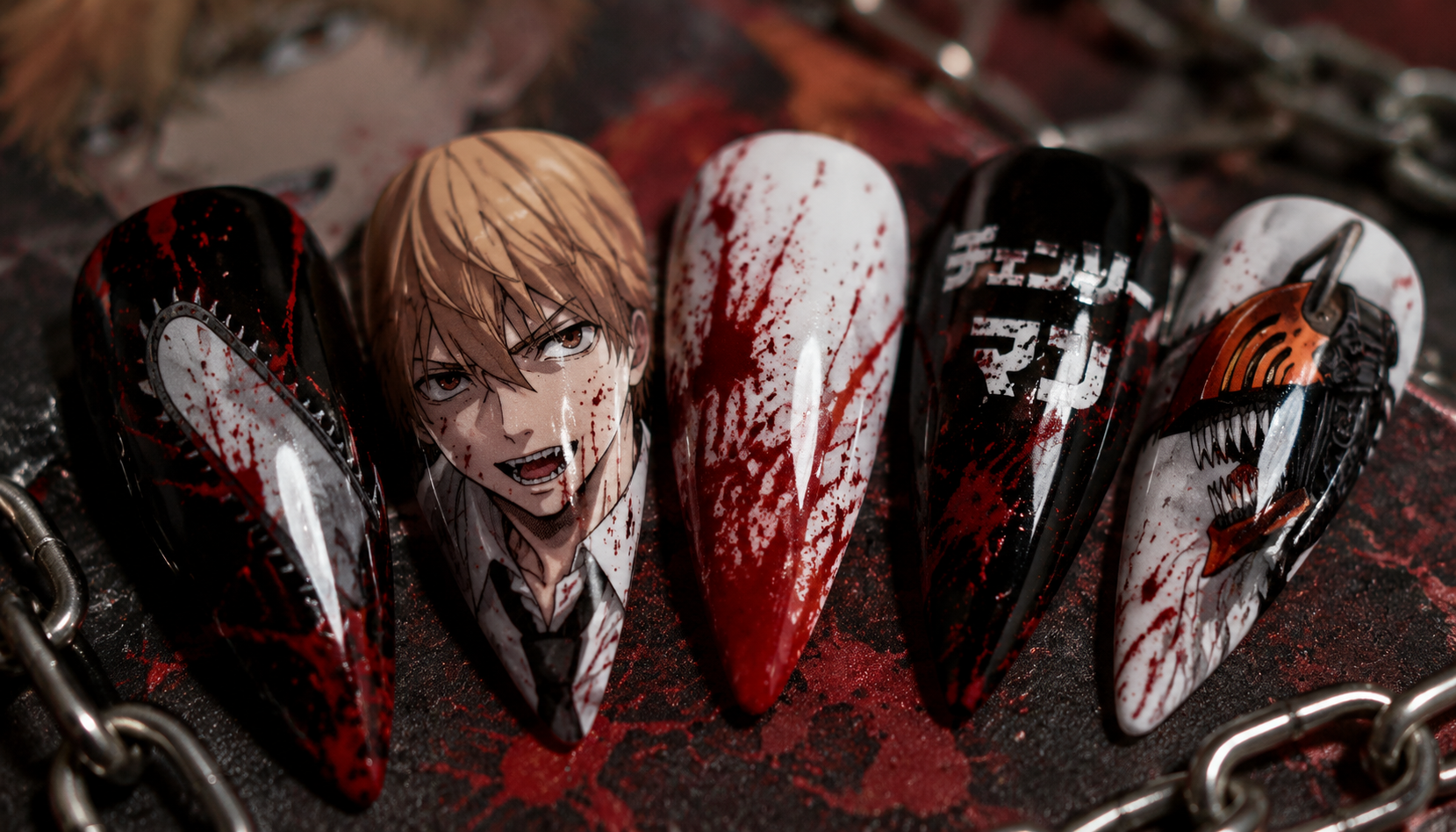 Detailed close-up of Chainsaw Man Denji Blood Red Gore Splatter Nails custom handmade nail design