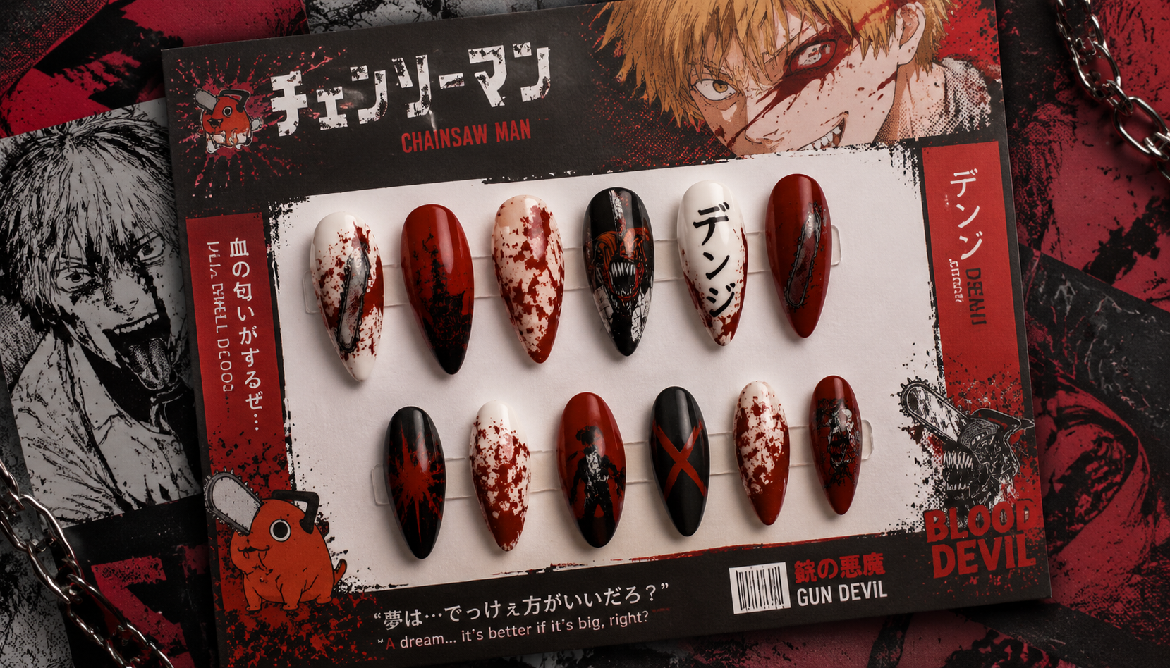Handmade custom Chainsaw Man Denji Blood Red Gore Splatter Nails worn on hand styling showcase