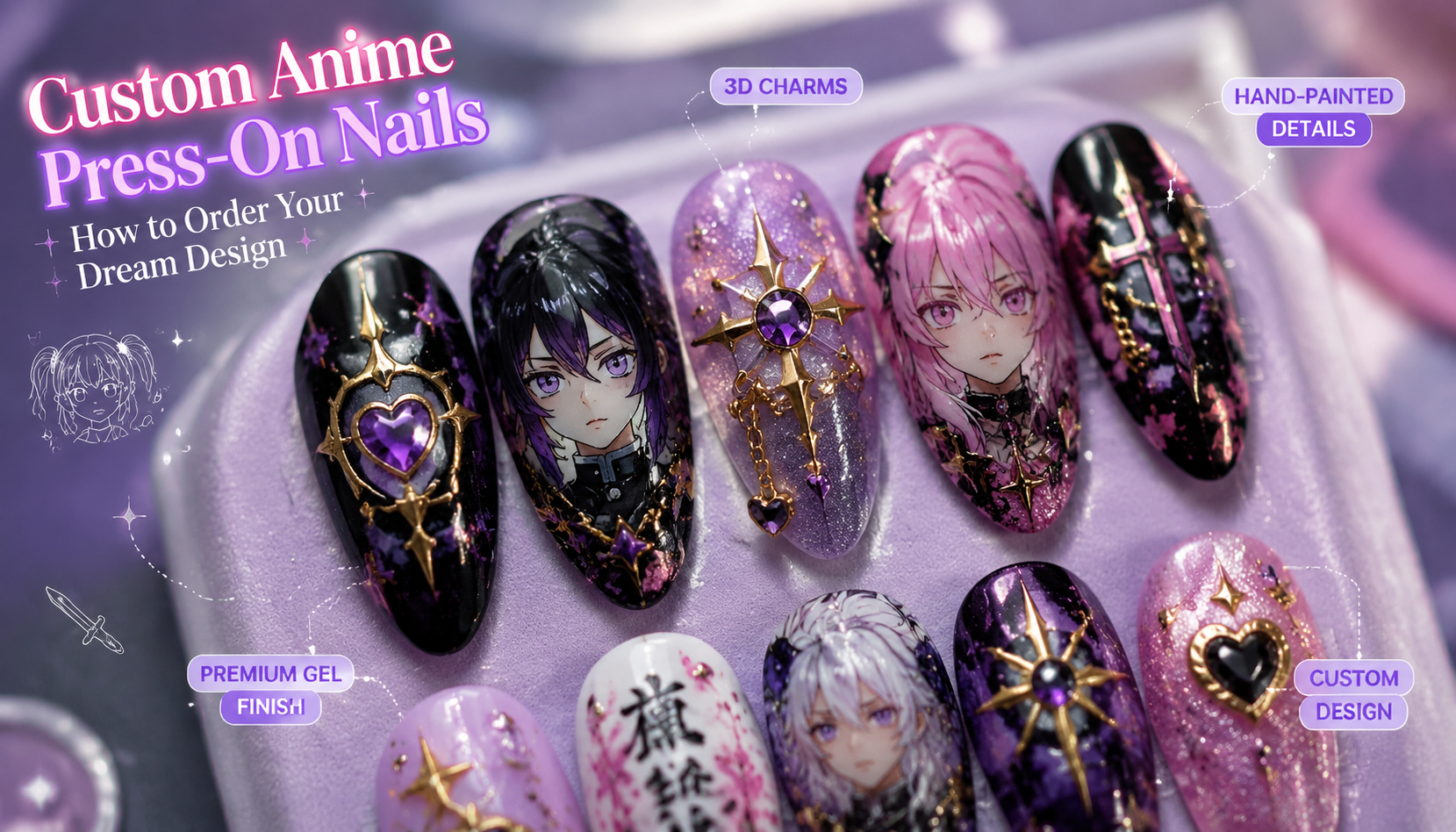Detailed close-up of Custom Anime Press-On Nails: How to Order Your Dream Design custom handmade nail design