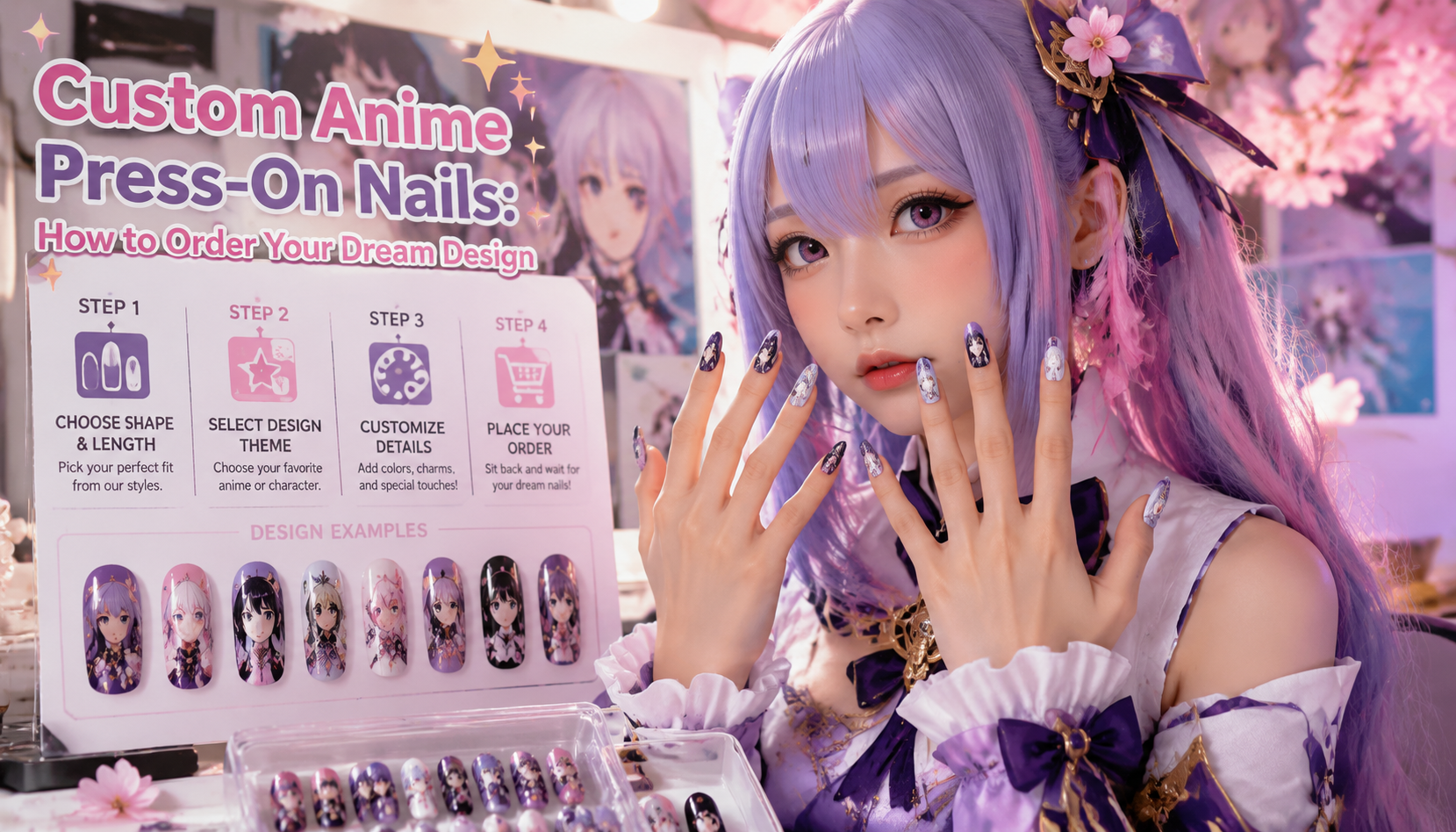 Handmade custom Custom Anime Press-On Nails: How to Order Your Dream Design worn on hand styling showcase