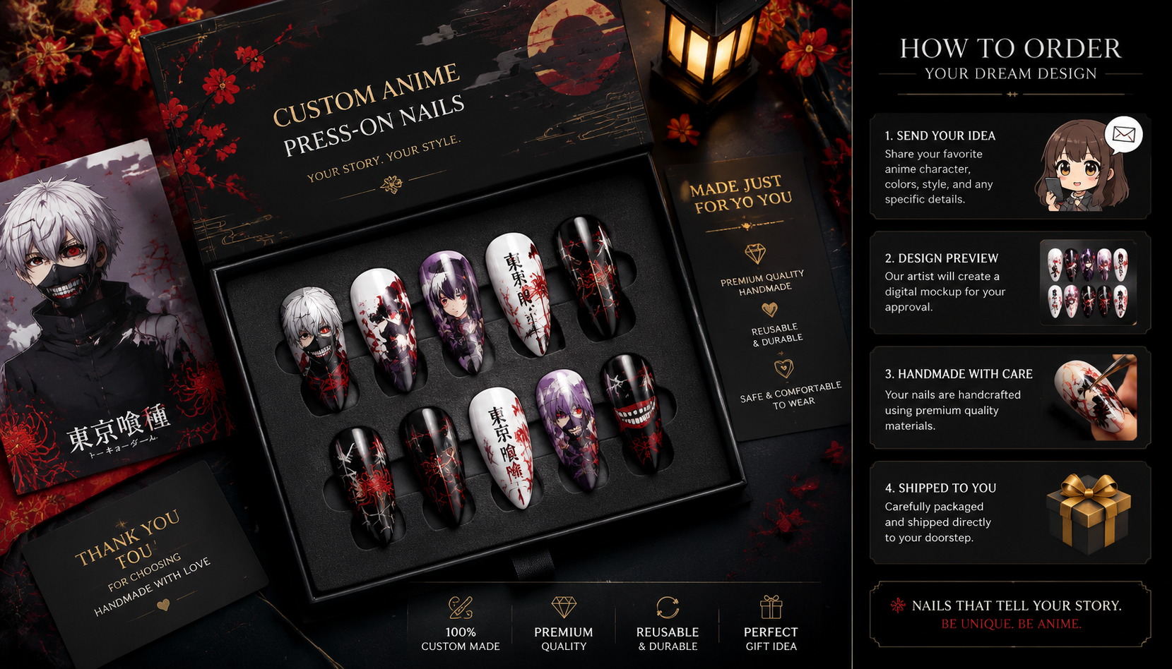 Luxury packaging box and prep kit for Custom Anime Press-On Nails: How to Order Your Dream Design press-on nails set
