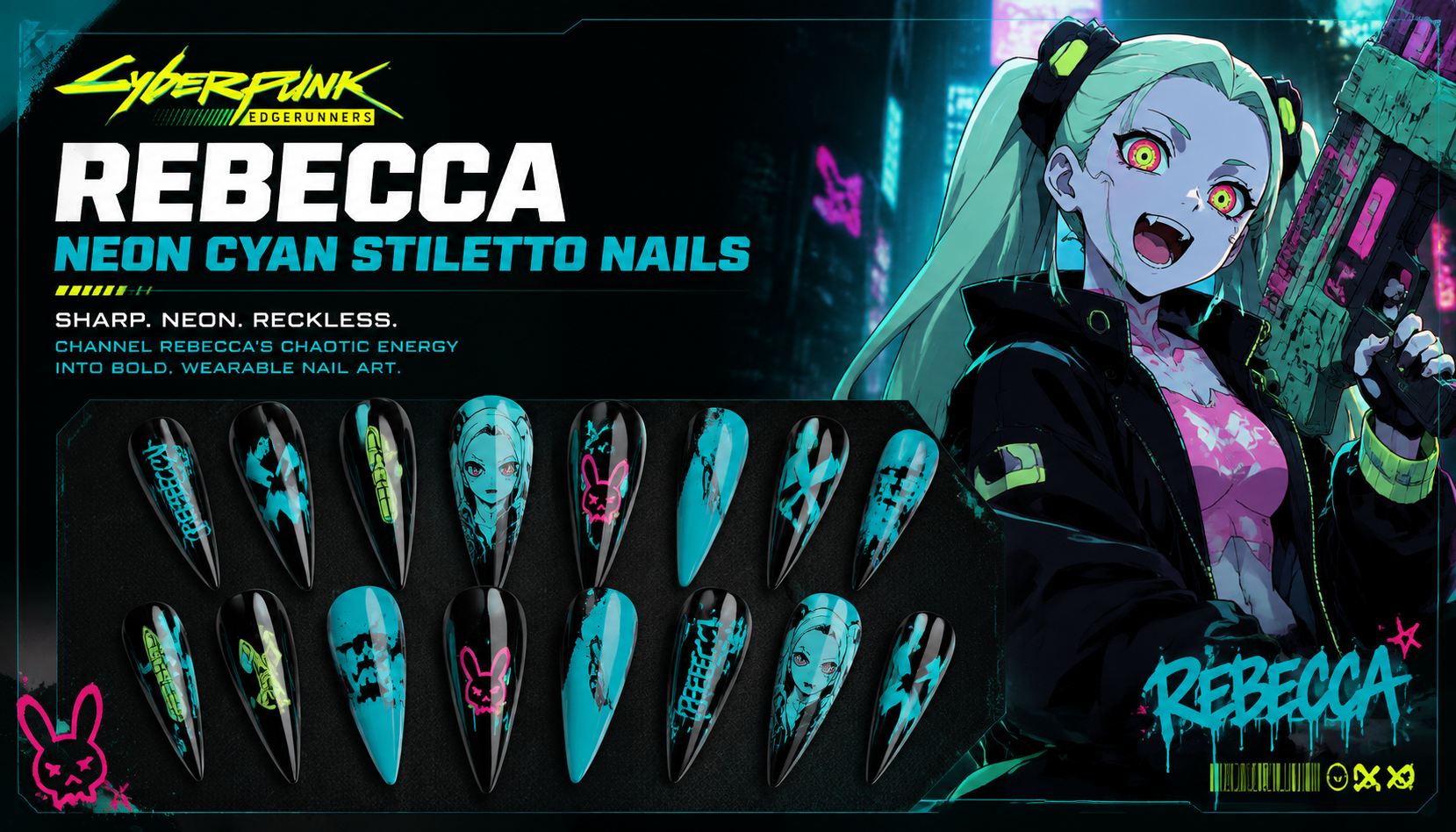 Cyberpunk Edgerunners Rebecca Neon Cyan Stiletto Nails