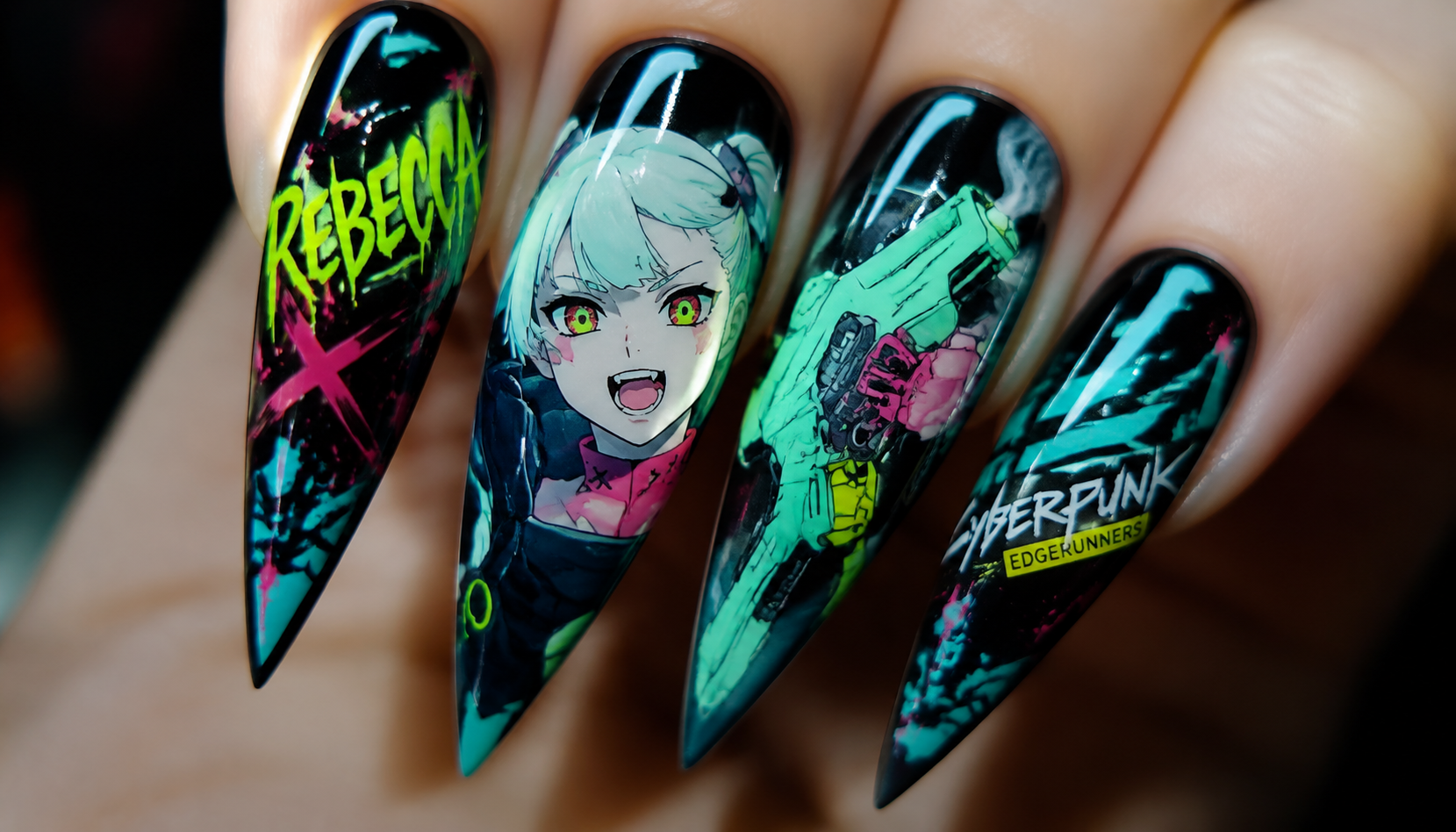 Detailed close-up showing the intricate hand-painted art of Cyberpunk Edgerunners Rebecca Neon Cyan Stiletto Nails