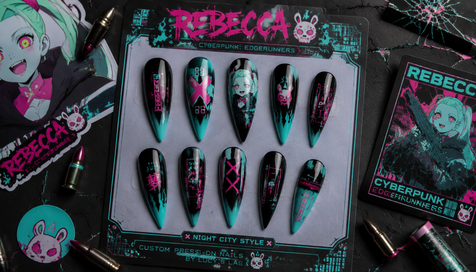 Styling look of Cyberpunk Edgerunners Rebecca Neon Cyan Stiletto Nails on hands matching modern anime fashion