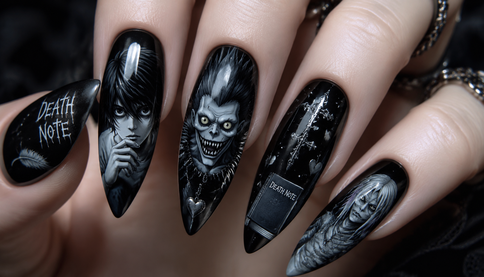 Detailed close-up of Death Note Ryuk Gothic Shiki Shinigami Black Nails custom handmade nail design