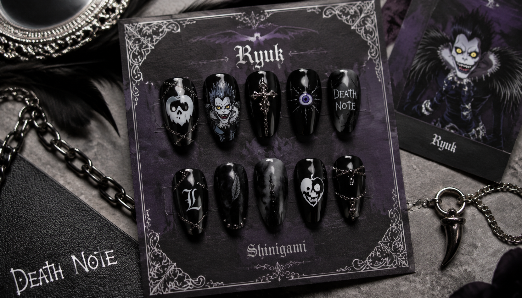 Handmade custom Death Note Ryuk Gothic Shiki Shinigami Black Nails worn on hand styling showcase