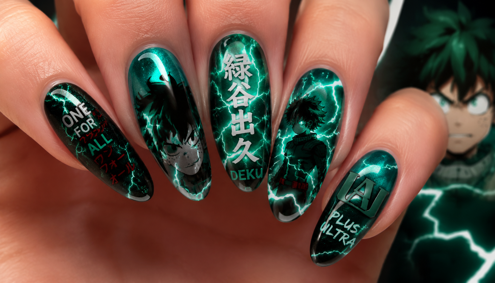 Detailed close-up of Deku One For All Full Cowling Green Spark Nails custom handmade nail design