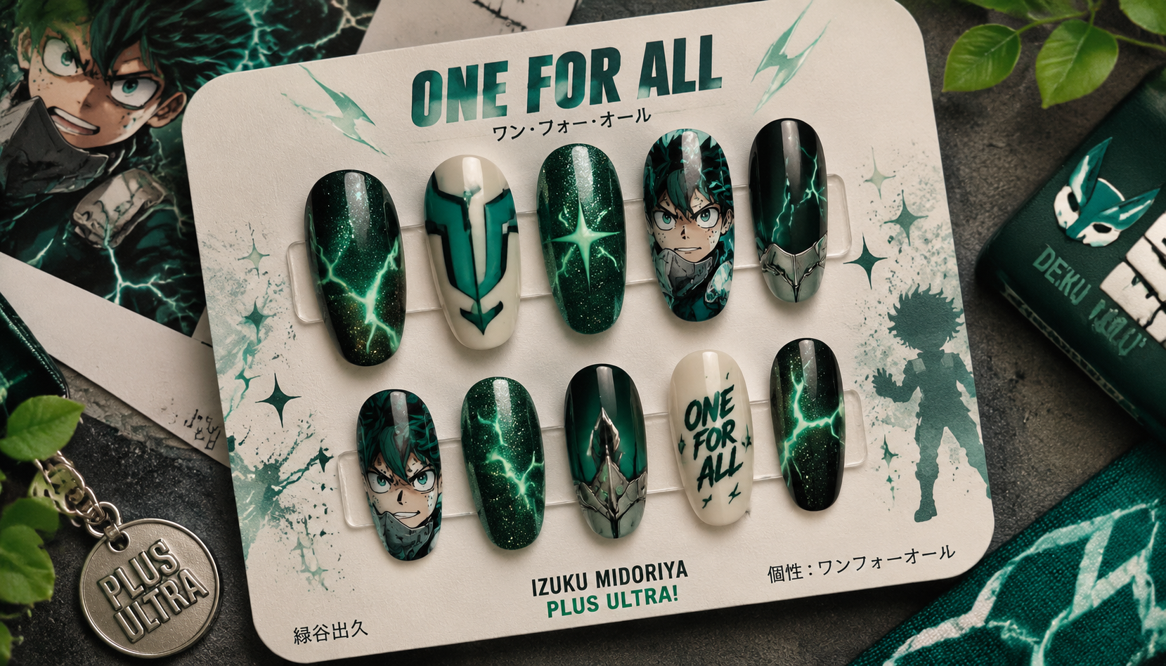 Handmade custom Deku One For All Full Cowling Green Spark Nails worn on hand styling showcase