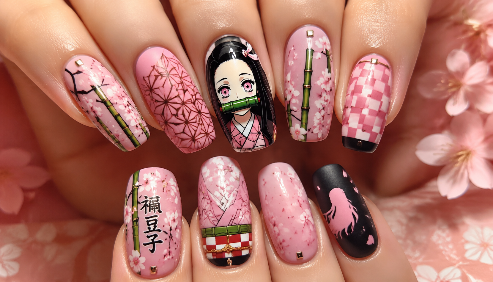 Detailed close-up of Demon Slayer Nezuko Bamboo Pink Nails custom handmade nail design