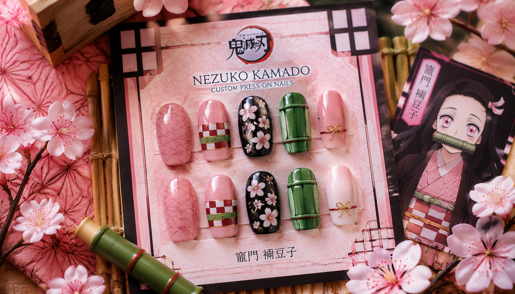 Handmade custom Demon Slayer Nezuko Bamboo Pink Nails worn on hand styling showcase