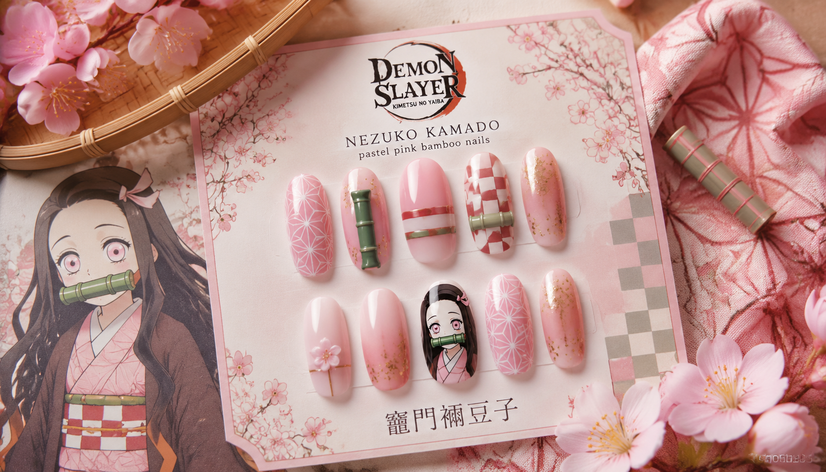 Handmade custom Demon Slayer Nezuko Kamado Pastel Pink Bamboo Nails worn on hand styling showcase