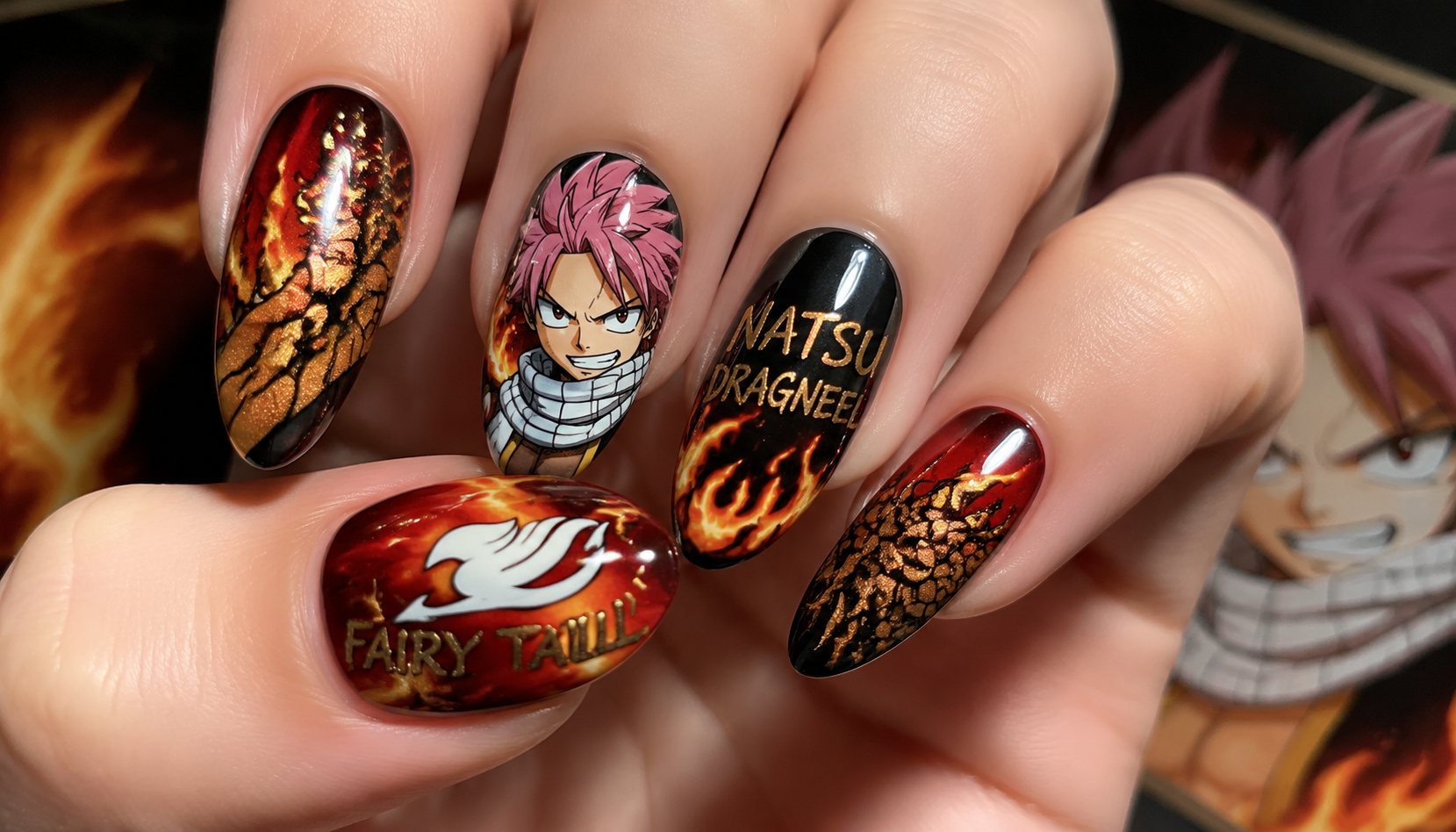 Detailed close-up of Fairy Tail Natsu Dragneel Fiery Dragon Scale Nails custom handmade nail design