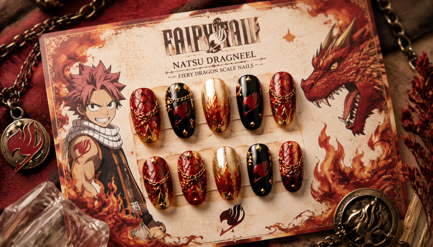 Handmade custom Fairy Tail Natsu Dragneel Fiery Dragon Scale Nails worn on hand styling showcase