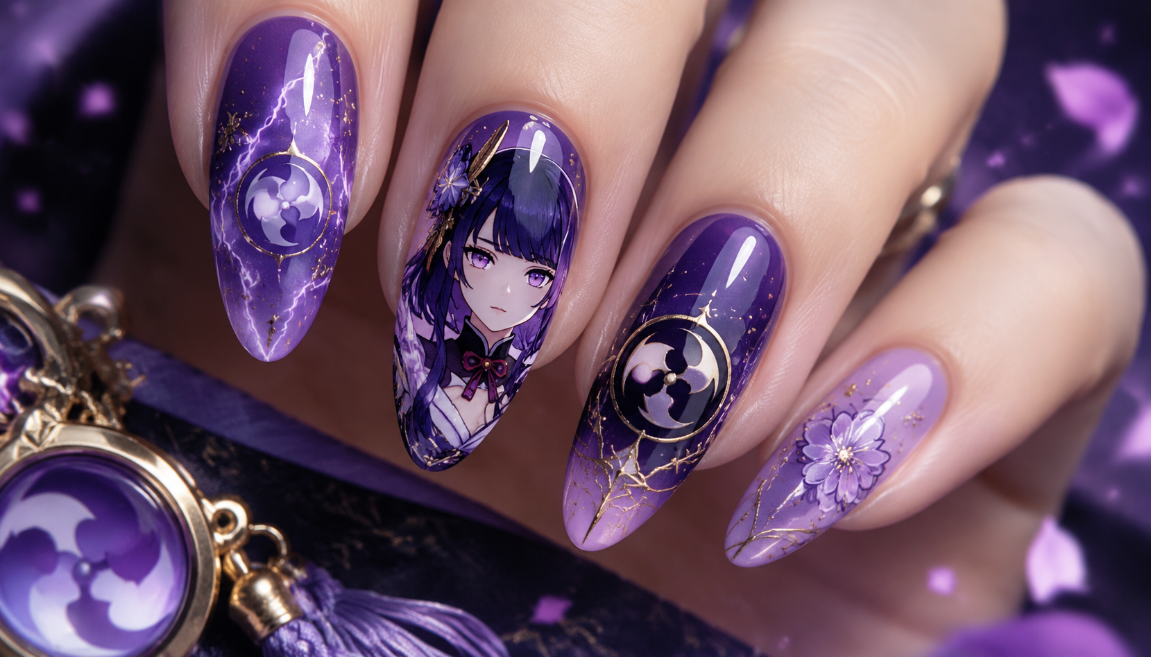 Detailed close-up of Genshin Impact Raiden Shogun Electro Purple Celestial Nails custom handmade nail design