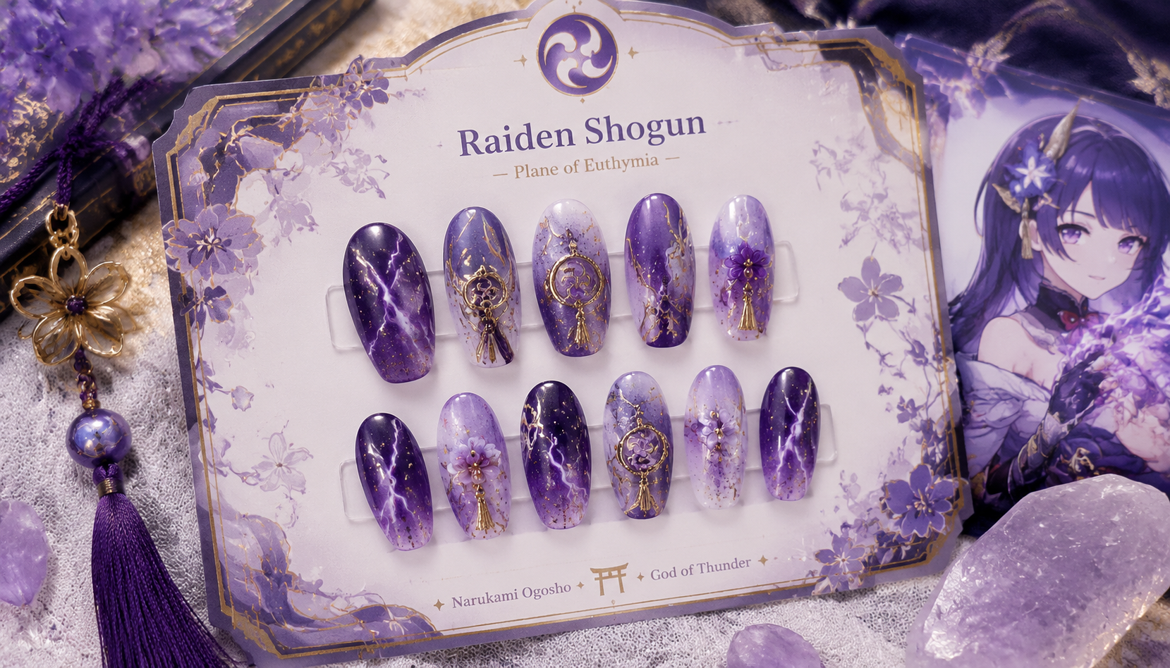 Handmade custom Genshin Impact Raiden Shogun Electro Purple Celestial Nails worn on hand styling showcase