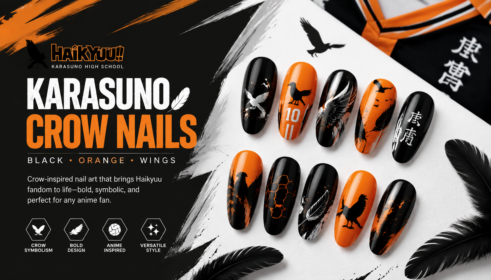 Haikyuu Karasuno Crow Crows Black Orange Wings Nails