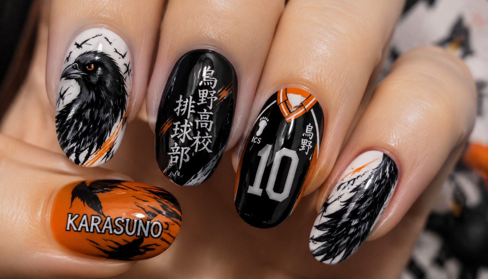 Detailed close-up of Haikyuu Karasuno Crow Crows Black Orange Wings Nails custom handmade nail design