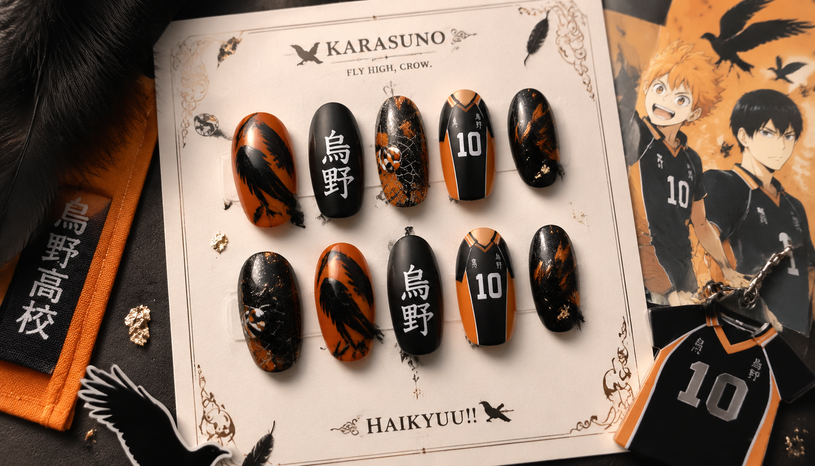 Handmade custom Haikyuu Karasuno Crow Crows Black Orange Wings Nails worn on hand styling showcase