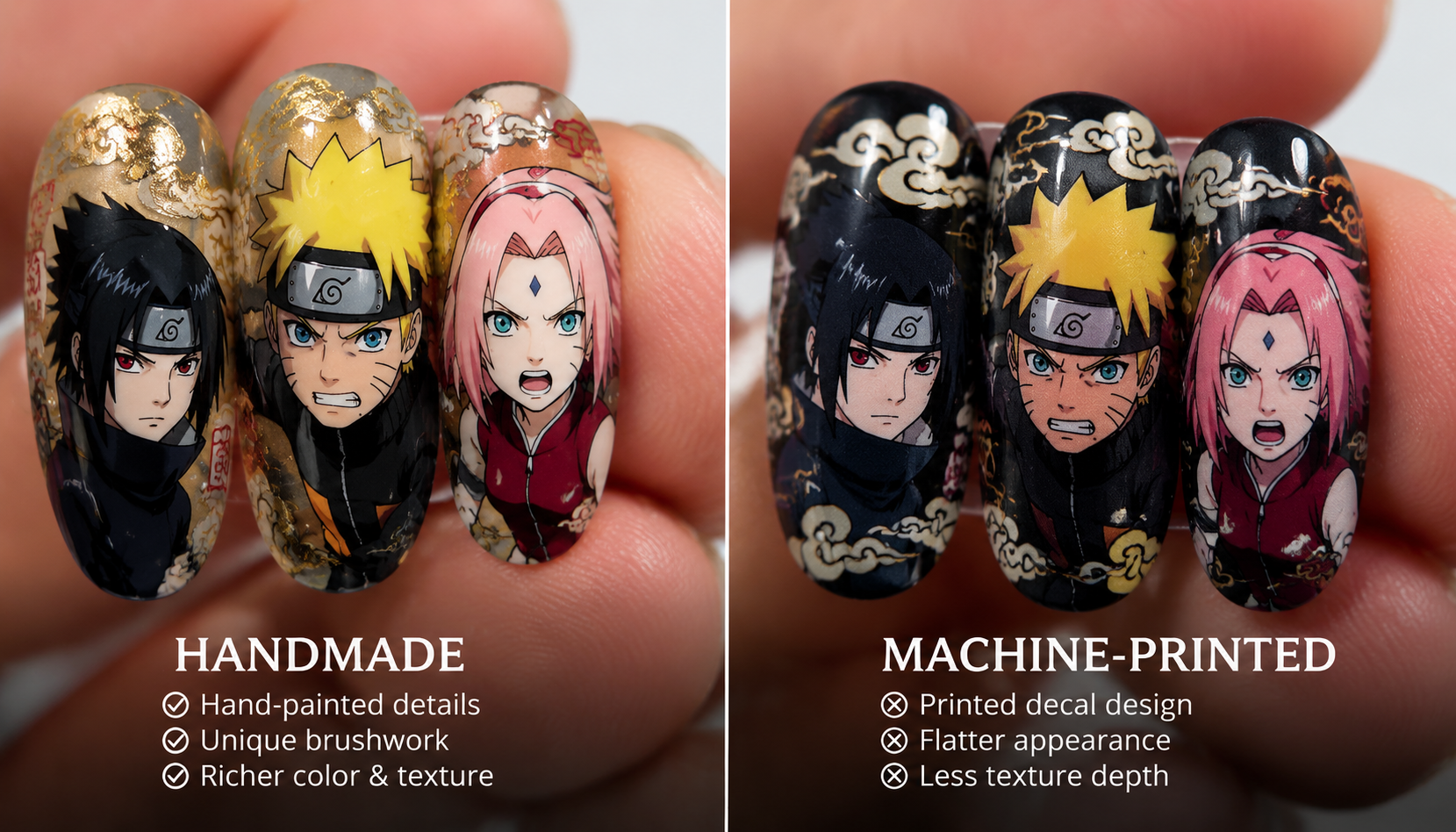 Detailed close-up of Handmade vs. Machine-Printed Press-On Nails: The Real Difference custom handmade nail design