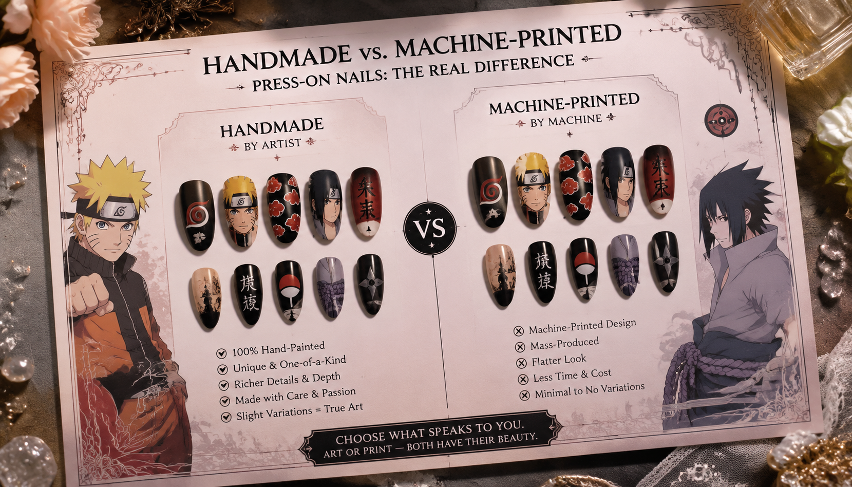Handmade custom Handmade vs. Machine-Printed Press-On Nails: The Real Difference worn on hand styling showcase