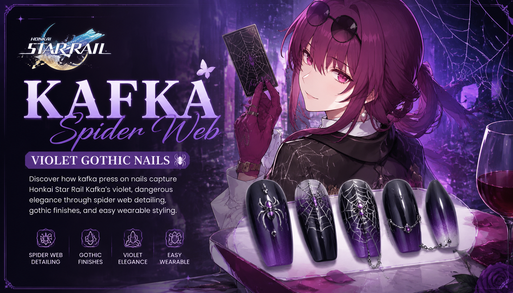 Honkai Star Rail Kafka Spider Web Violet Gothic Nails