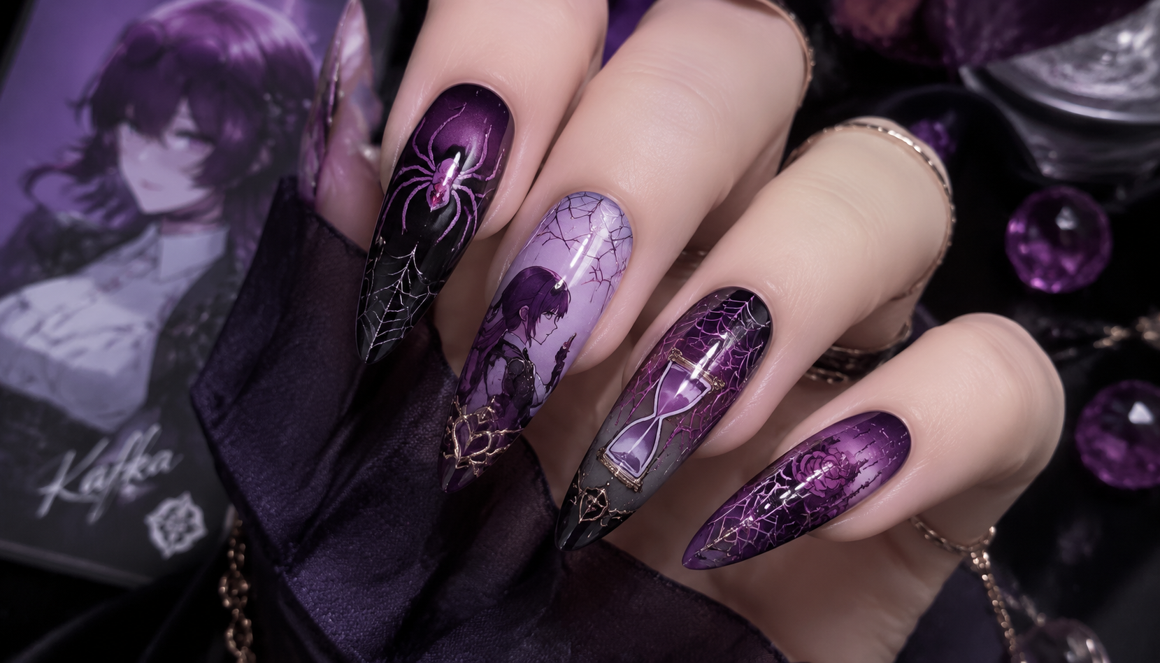 Detailed close-up of Honkai Star Rail Kafka Spider Web Violet Gothic Nails custom handmade nail design