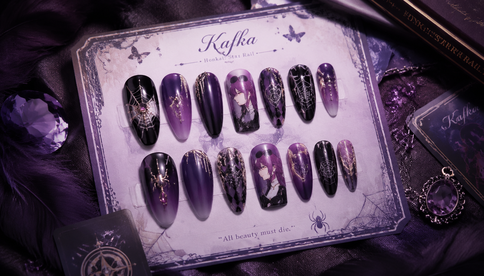 Handmade custom Honkai Star Rail Kafka Spider Web Violet Gothic Nails worn on hand styling showcase