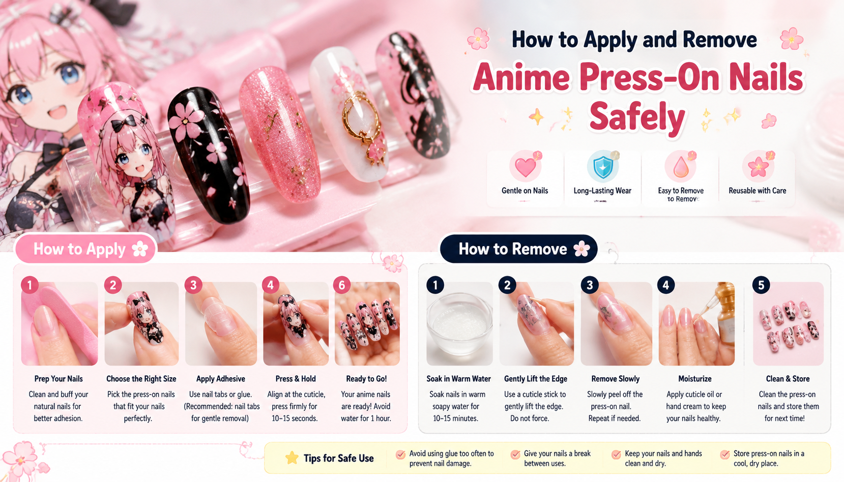 Detailed close-up of How to Apply and Remove Anime Press-On Nails Safely custom handmade nail design