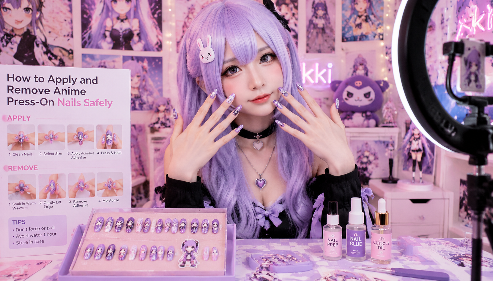 Handmade custom How to Apply and Remove Anime Press-On Nails Safely worn on hand styling showcase
