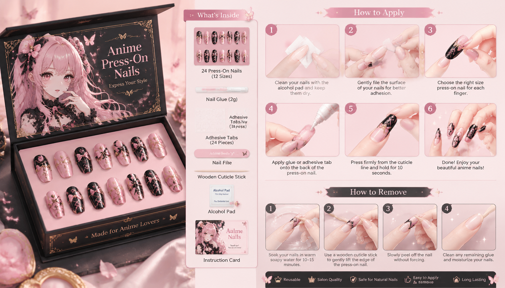 Luxury packaging box and prep kit for How to Apply and Remove Anime Press-On Nails Safely press-on nails set