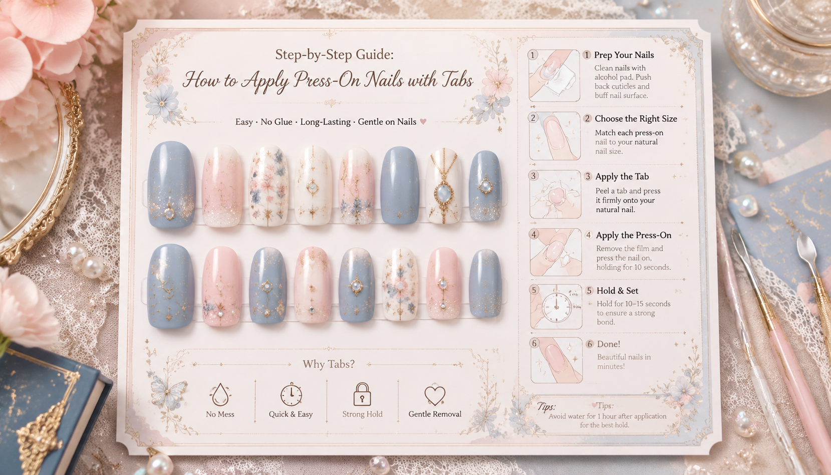 Handmade custom Step-by-Step Guide: How to Apply Press-On Nails with Tabs worn on hand styling showcase