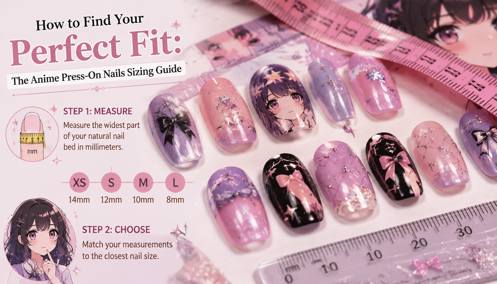 Detailed close-up of How to Find Your Perfect Fit: The Anime Press-On Nails Sizing Guide custom handmade nail design