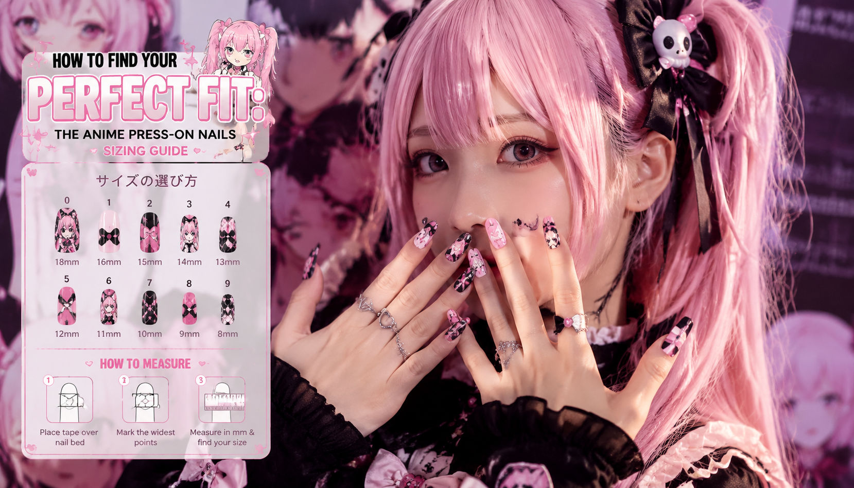 Handmade custom How to Find Your Perfect Fit: The Anime Press-On Nails Sizing Guide worn on hand styling showcase
