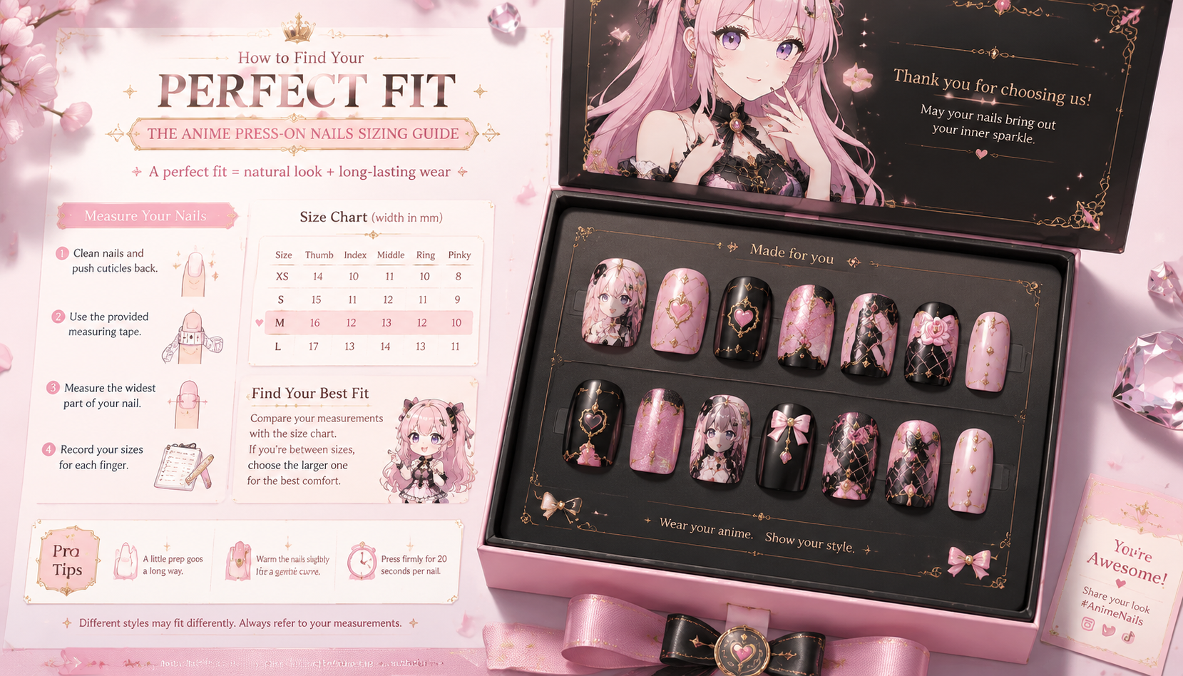 Luxury packaging box and prep kit for How to Find Your Perfect Fit: The Anime Press-On Nails Sizing Guide press-on nails set