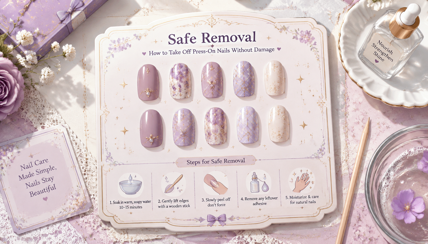 Styling look of Safe Removal: How to Take Off Press-On Nails Without Damage on hands matching modern anime fashion